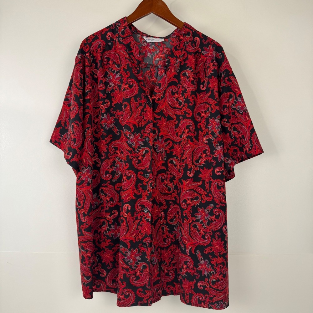 A Personal Touch Tunic Blouse Size 5X Women Red Paisley Button Up SS Flowy Top